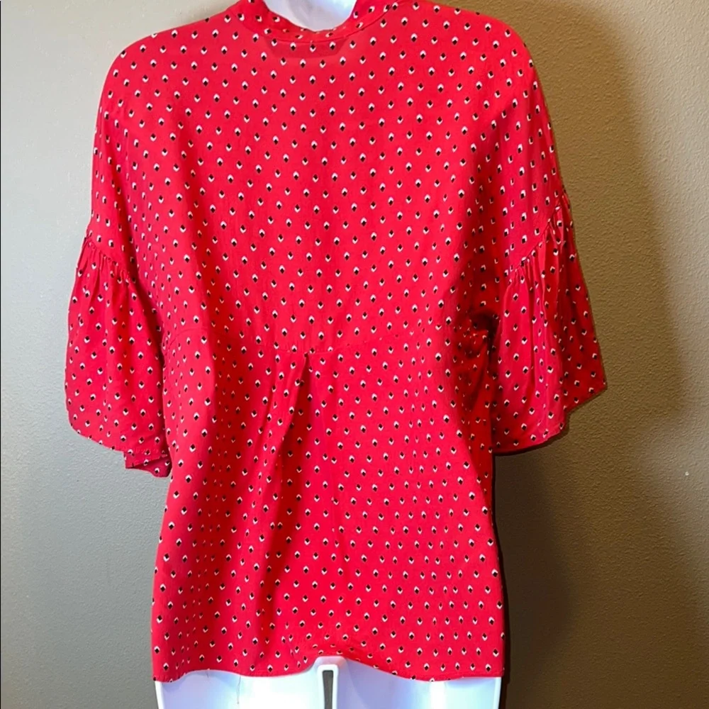 Zara Woman Women’s Red and White Puff Sleeve Blouse with Tie Front SZ Small